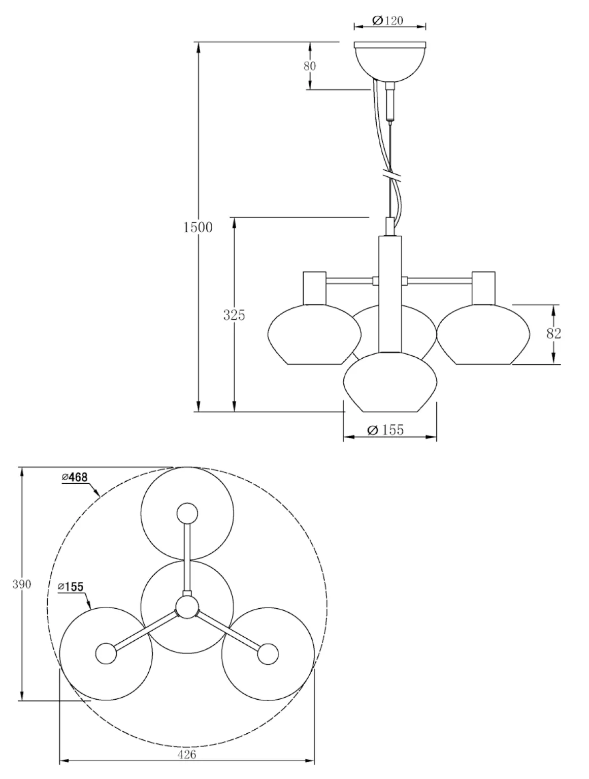 BELL Taklampa 4:a 47cm Svart/Opalvit
