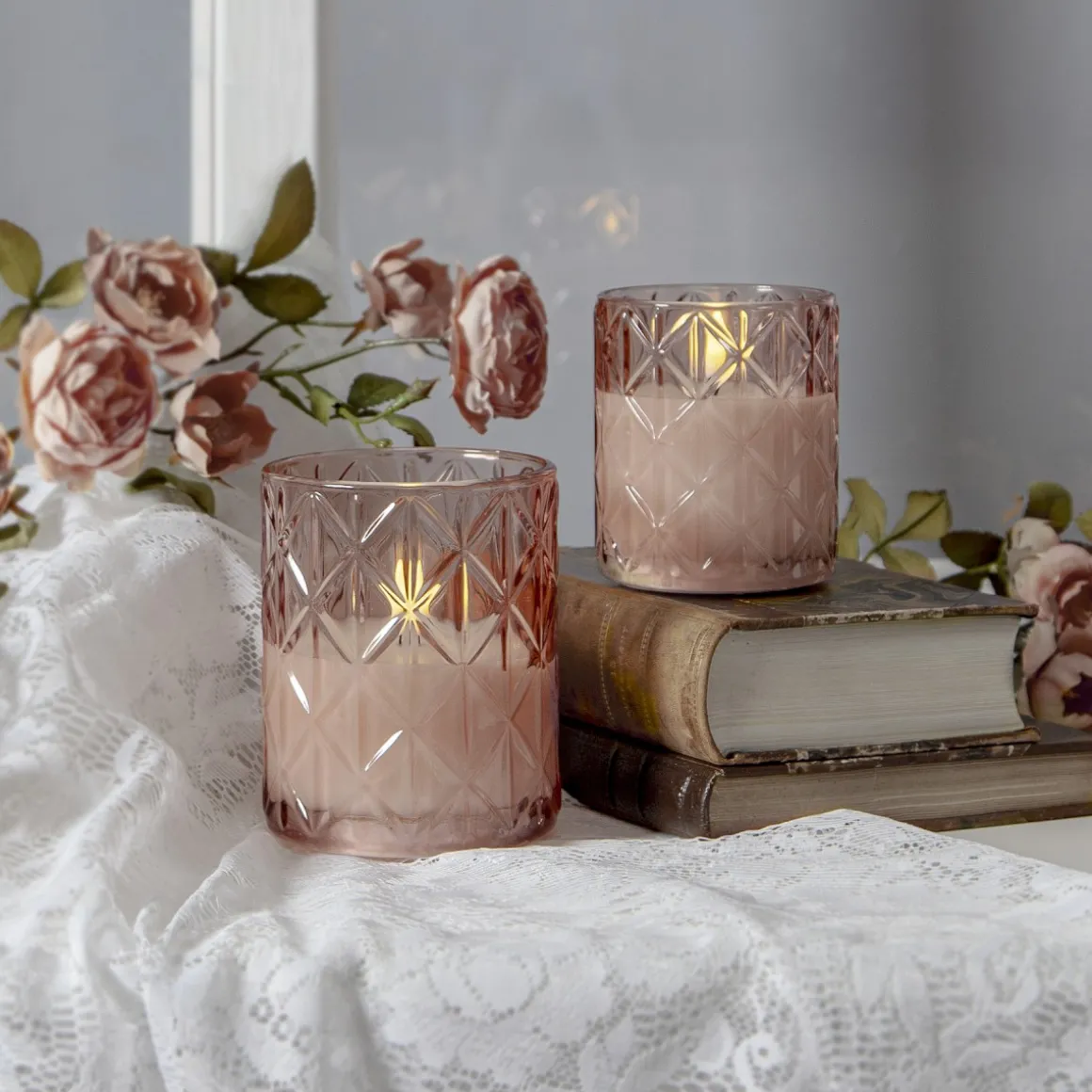 FLAMME ROMB LED-Blockljus Batteri 12,5cm Rosa